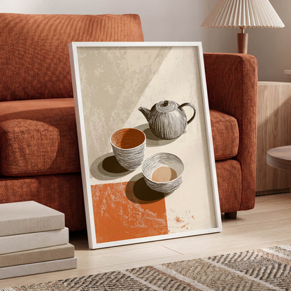 Sunlit Tea Still Life, beige, white, brown minimalist wall art displayed in a styled interior, gallery view 6
