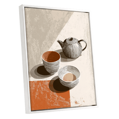 Sunlit Tea Still Life, beige, white, brown minimalist wall art shown as a white framed canvas wall art