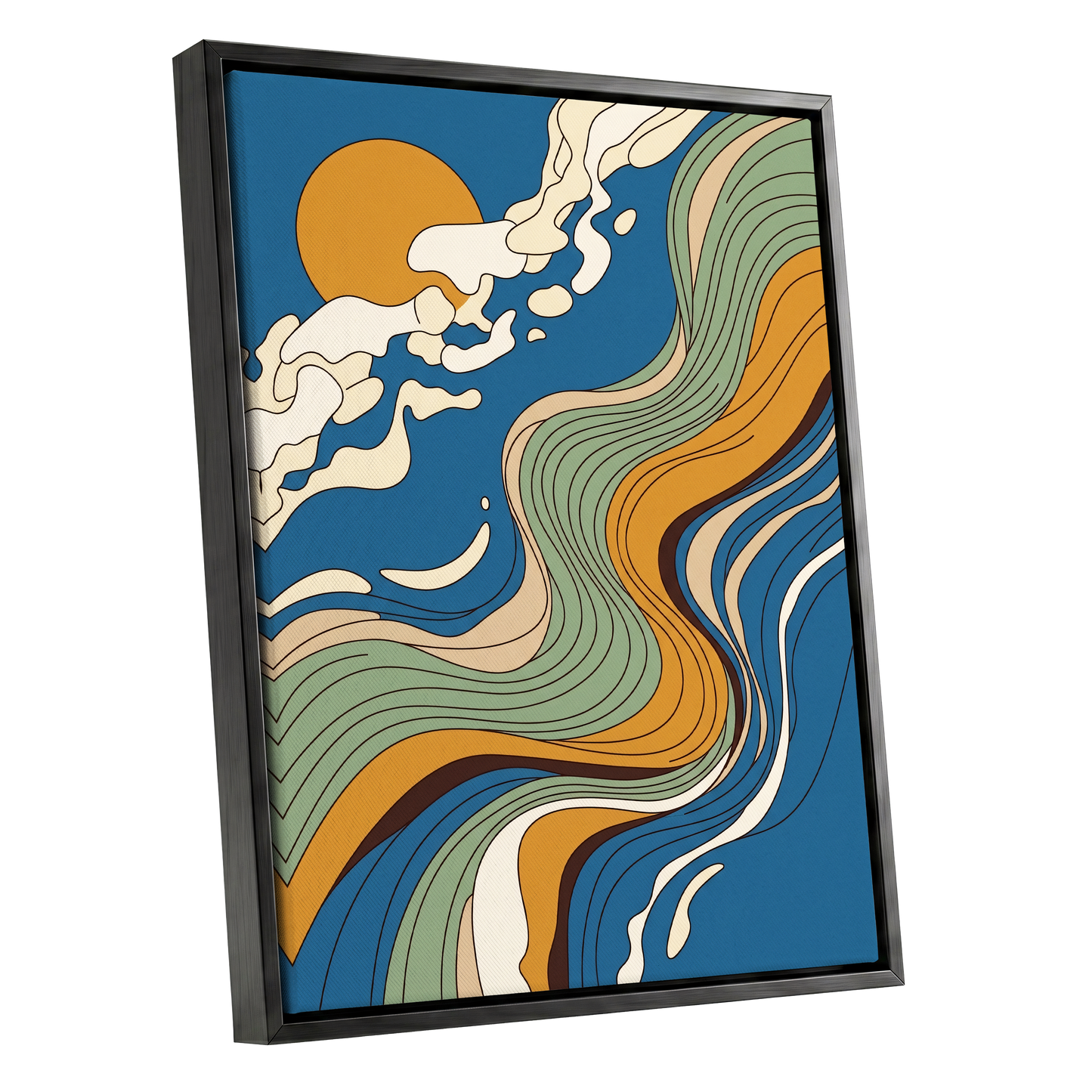 Sunlit Tides, blue, green, gold nature wall art shown as a black framed canvas wall art