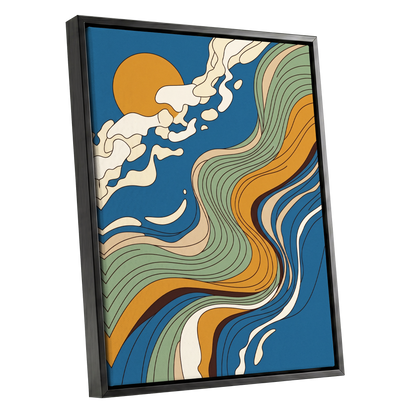 Sunlit Tides, blue, green, gold nature wall art shown as a black framed canvas wall art