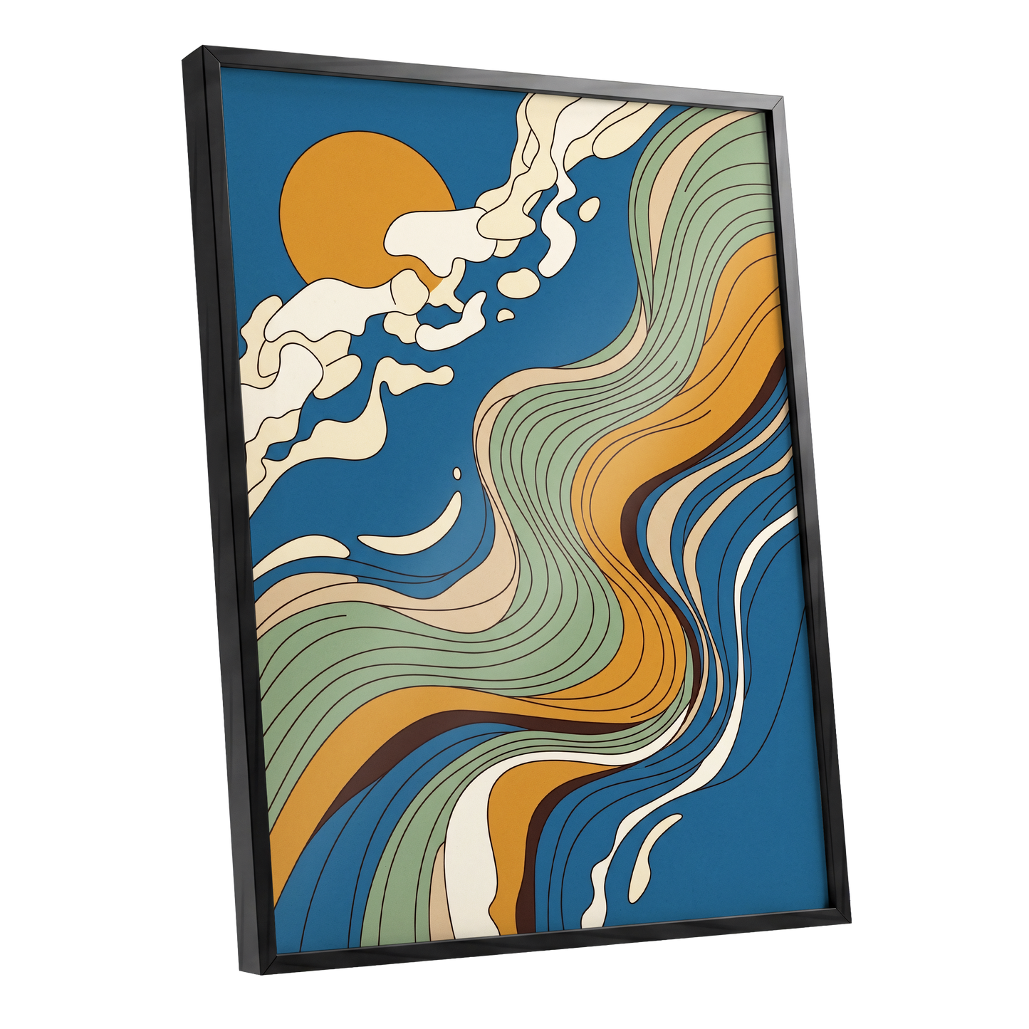 Sunlit Tides, blue, green, gold nature wall art shown as a black framed poster wall art print
