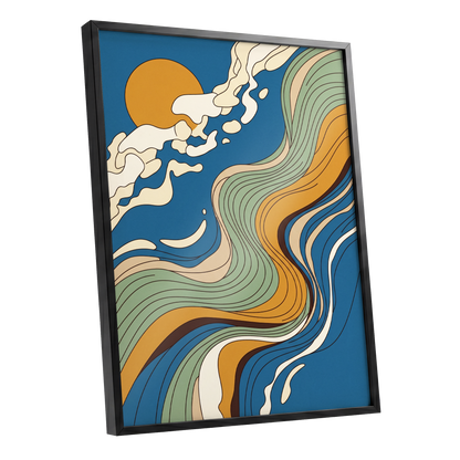 Sunlit Tides, blue, green, gold nature wall art shown as a black framed poster wall art print