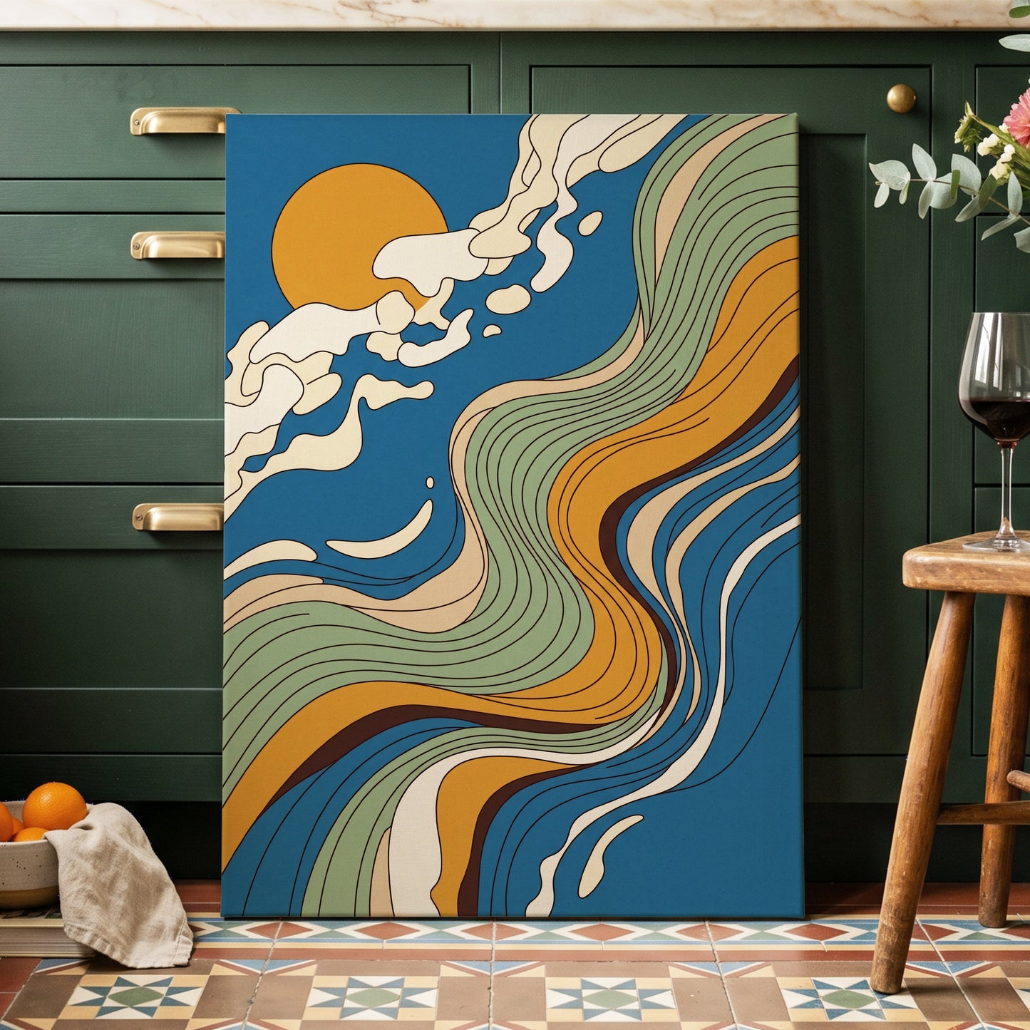 Sunlit Tides, blue, green, gold nature wall art on canvas displayed in a styled interior, gallery view 1