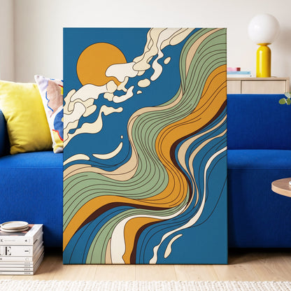 Sunlit Tides, blue, green, gold nature wall art on canvas displayed in a styled interior, gallery view 2