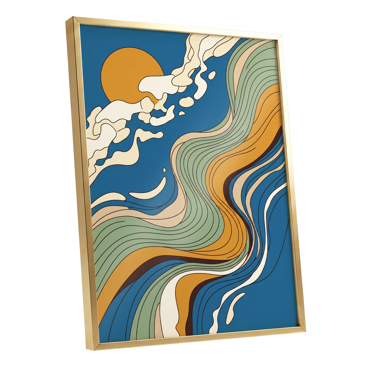 Sunlit Tides, blue, green, gold nature wall art shown as a gold framed poster wall art print