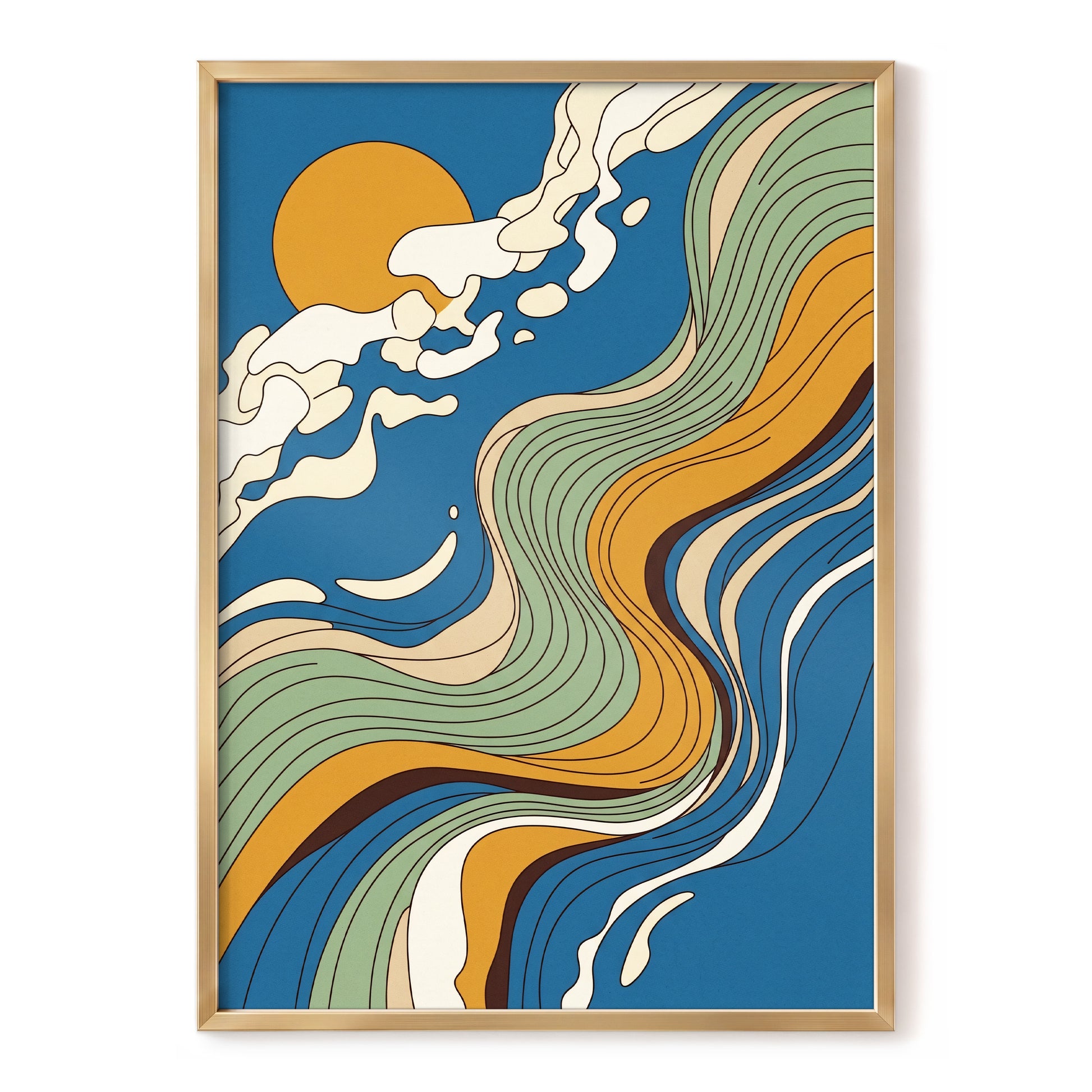 Sunlit Tides, blue, green, gold nature wall art, front artwork view