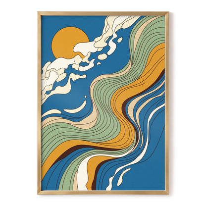 Sunlit Tides, blue, green, gold nature wall art, front artwork view