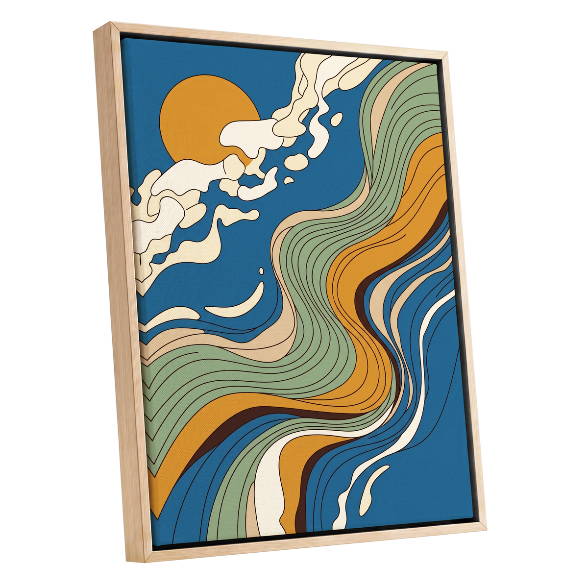 Sunlit Tides, blue, green, gold nature wall art shown as a oak framed canvas wall art