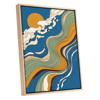 Sunlit Tides, blue, green, gold nature wall art shown as a oak framed canvas wall art