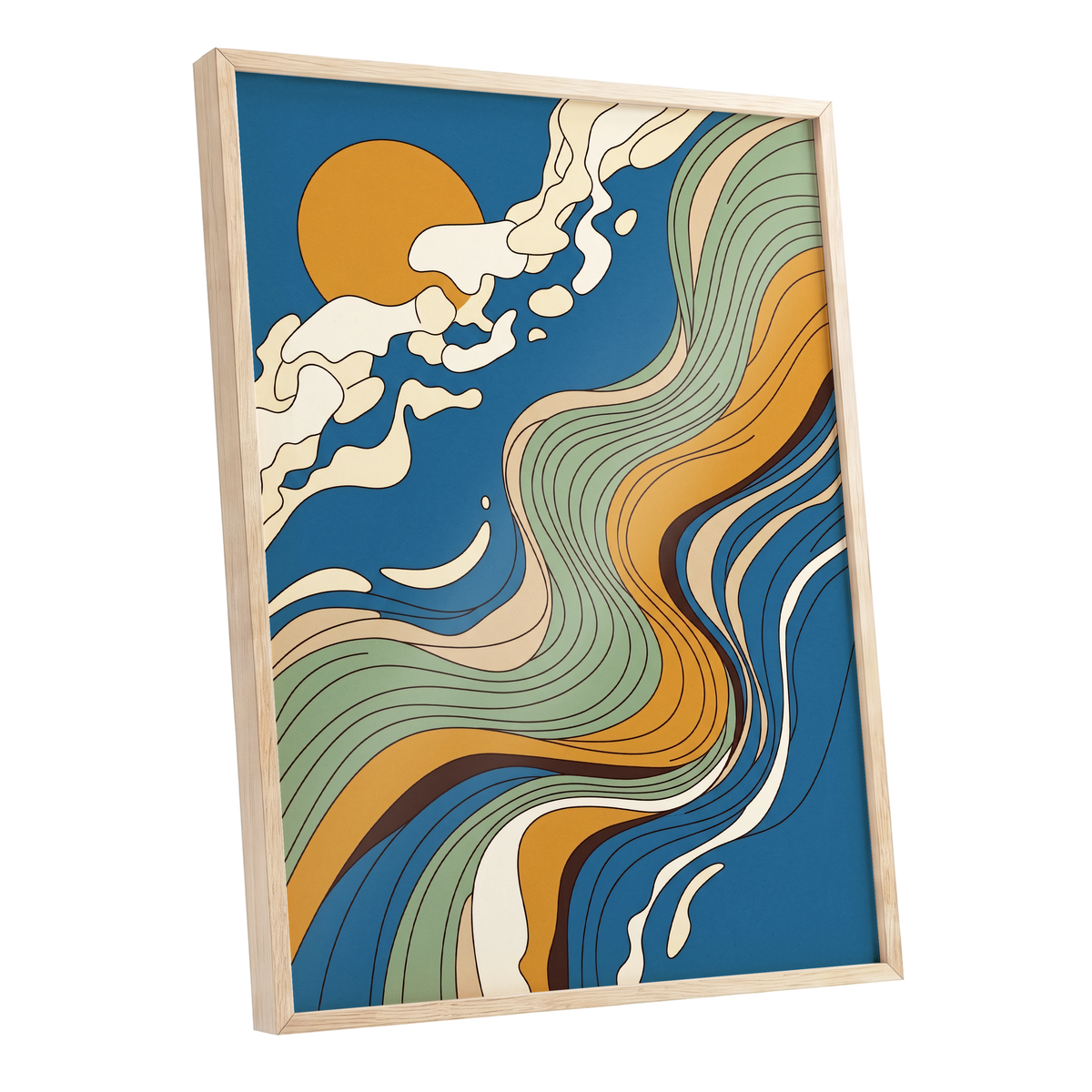 Sunlit Tides, blue, green, gold nature wall art shown as a oak framed poster wall art print