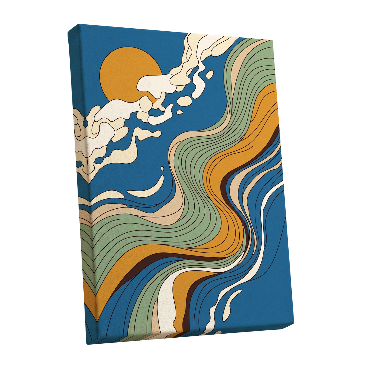 Sunlit Tides, blue, green, gold nature wall art shown as a stretched canvas wall art