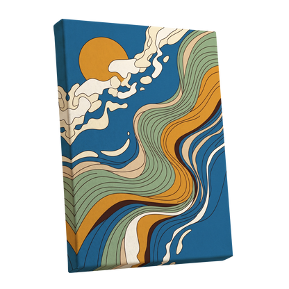 Sunlit Tides, blue, green, gold nature wall art shown as a stretched canvas wall art