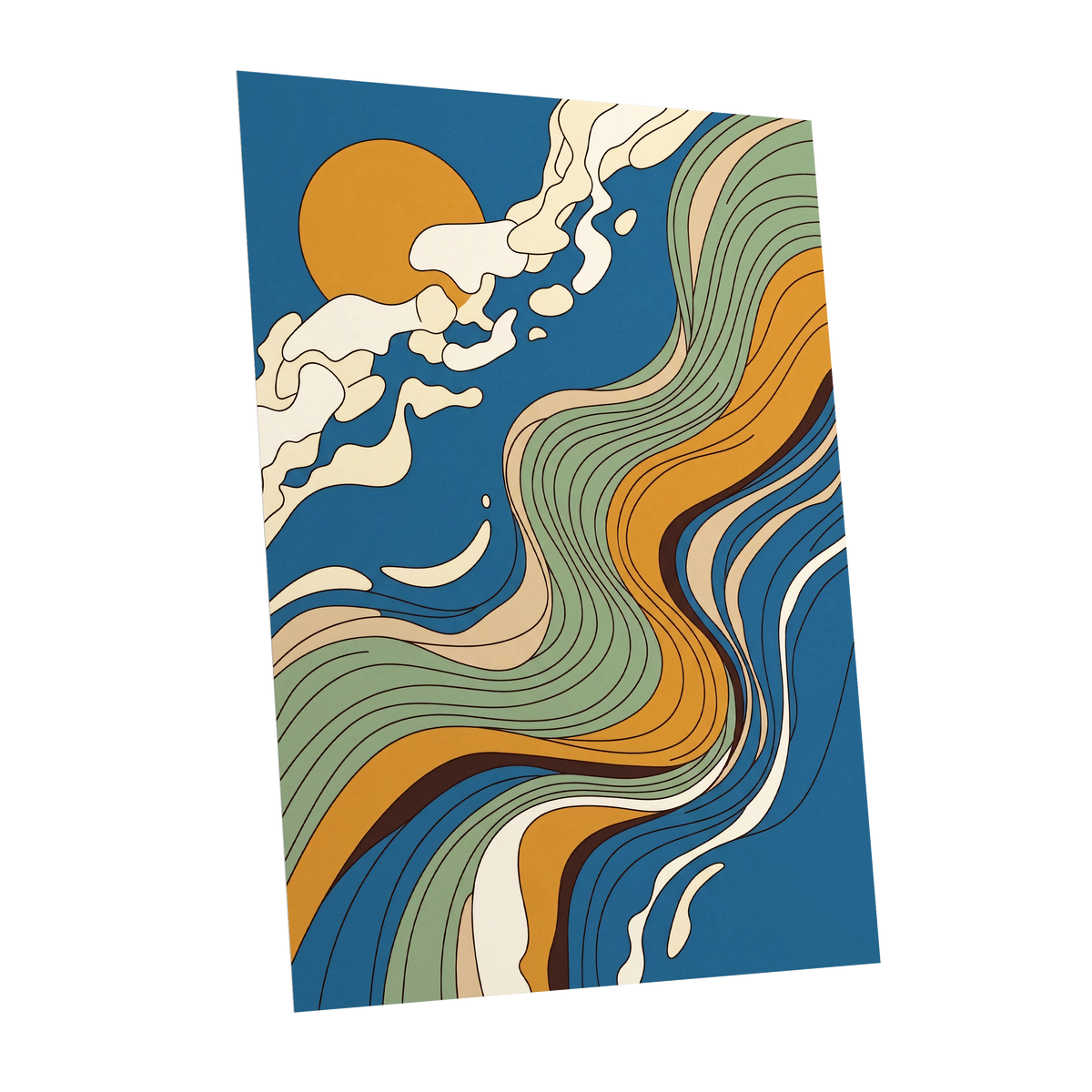 Sunlit Tides, blue, green, gold nature wall art shown as a unframed poster wall art print