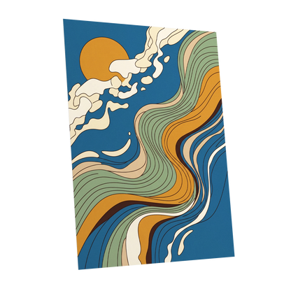 Sunlit Tides, blue, green, gold nature wall art shown as a unframed poster wall art print
