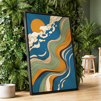Sunlit Tides, blue, green, gold nature wall art displayed in a styled interior, gallery view 1