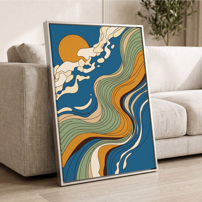 Sunlit Tides, blue, green, gold nature wall art displayed in a styled interior, gallery view 2