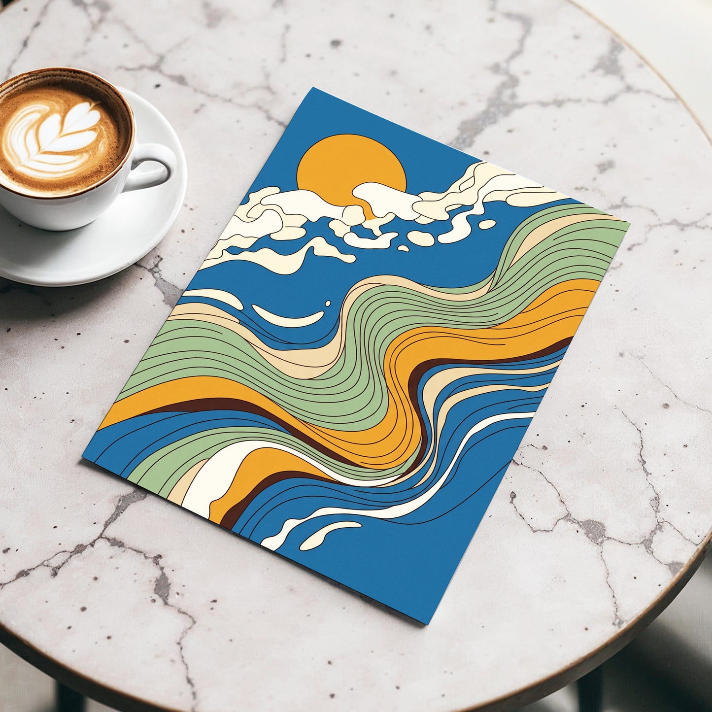 Sunlit Tides, blue, green, gold nature wall art displayed in a styled interior, gallery view 3