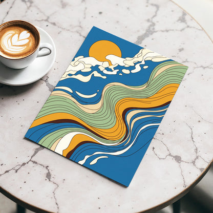 Sunlit Tides, blue, green, gold nature wall art displayed in a styled interior, gallery view 3