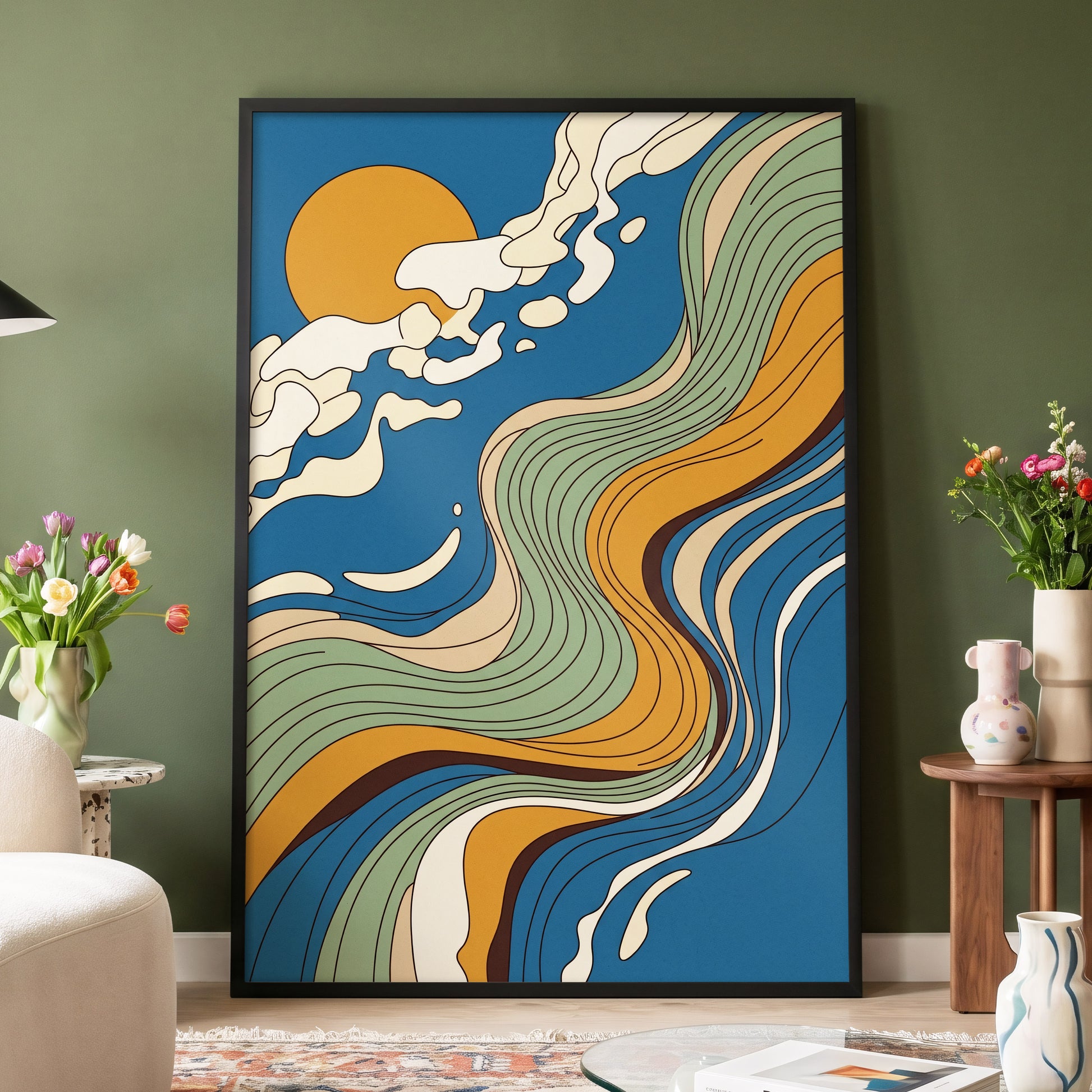 Sunlit Tides, blue, green, gold nature wall art displayed in a styled interior, gallery view 4