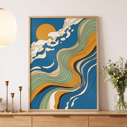 Sunlit Tides, blue, green, gold nature wall art displayed in a styled interior, gallery view 5