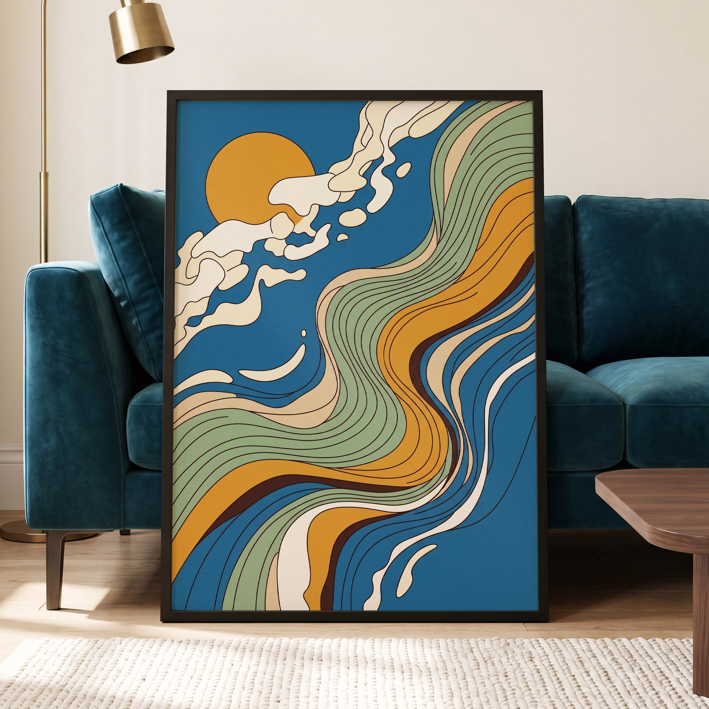 Sunlit Tides, blue, green, gold nature wall art displayed in a styled interior, gallery view 6