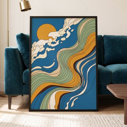 Sunlit Tides, blue, green, gold nature wall art displayed in a styled interior, gallery view 6