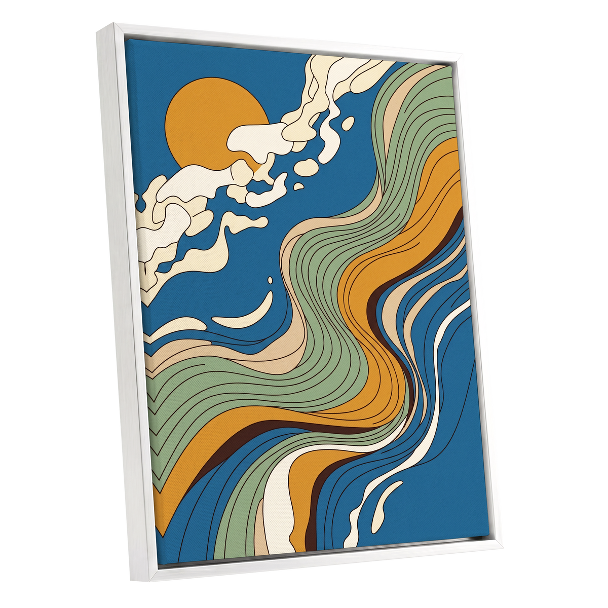 Sunlit Tides, blue, green, gold nature wall art shown as a white framed canvas wall art