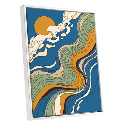 Sunlit Tides, blue, green, gold nature wall art shown as a white framed canvas wall art