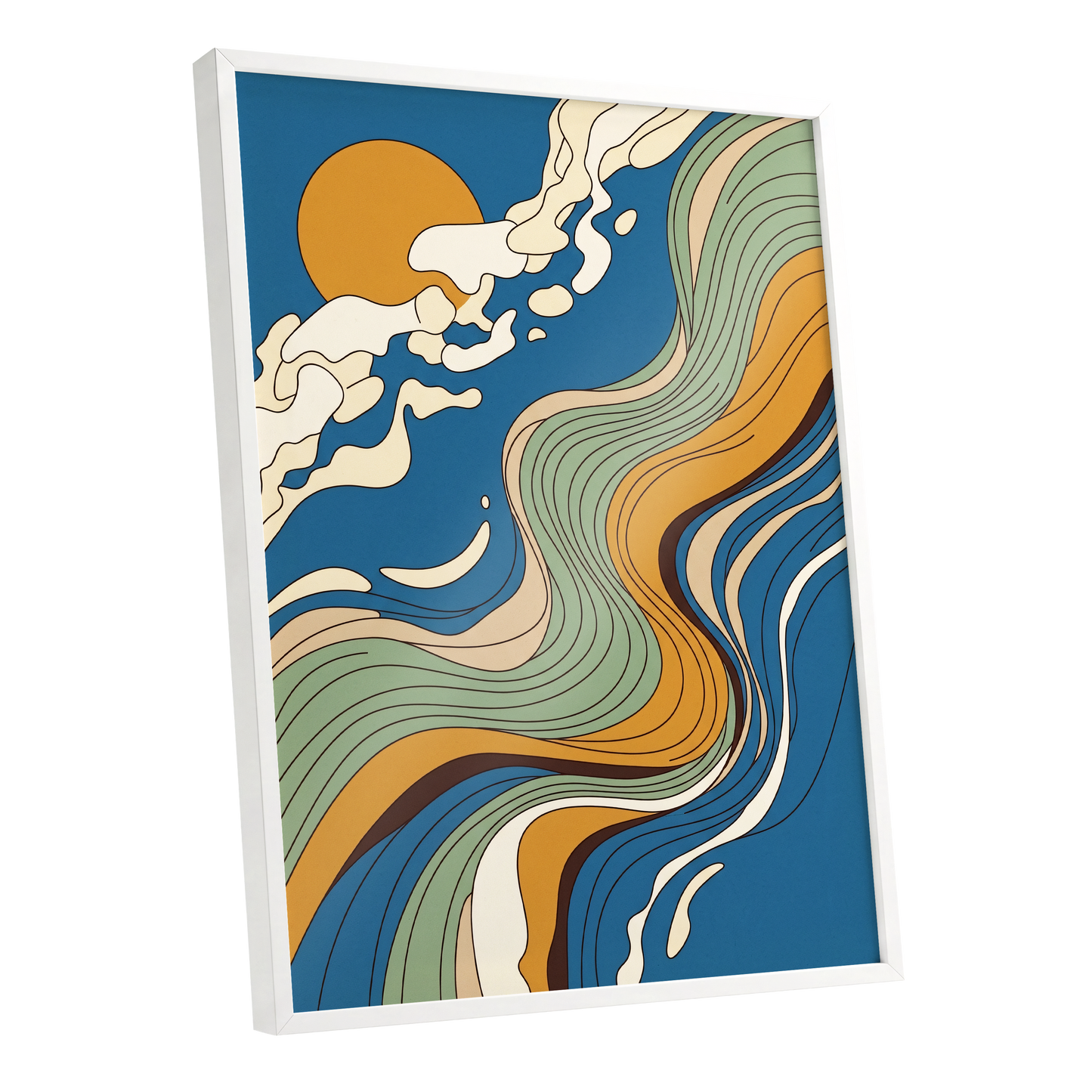 Sunlit Tides, blue, green, gold nature wall art shown as a white framed poster wall art print