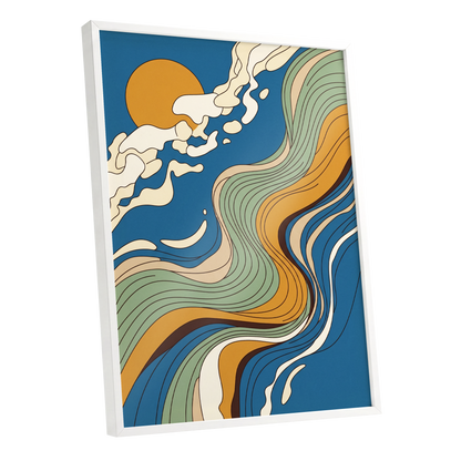 Sunlit Tides, blue, green, gold nature wall art shown as a white framed poster wall art print