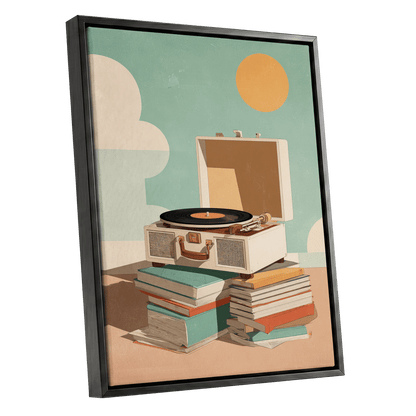 Sunlit Vinyl Stories, green, beige, brown minimalist wall art shown as a black framed canvas wall art