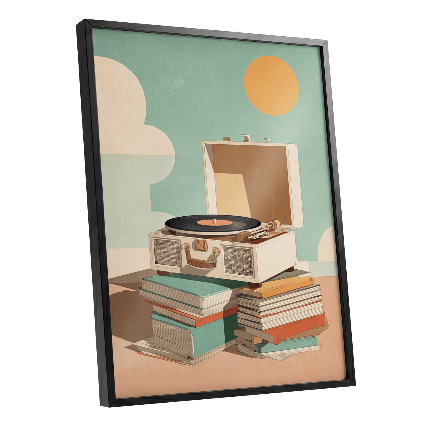 Sunlit Vinyl Stories, green, beige, brown minimalist wall art shown as a black framed poster wall art print