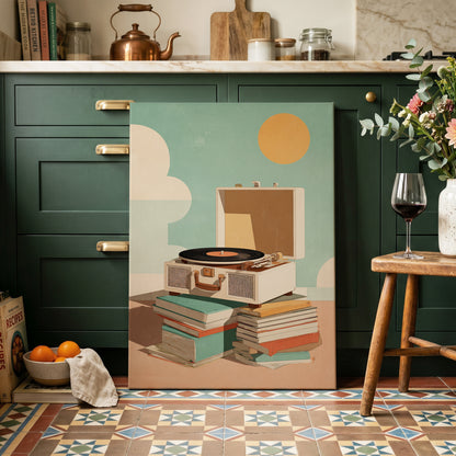 Sunlit Vinyl Stories, green, beige, brown minimalist wall art on canvas displayed in a styled interior, gallery view 1