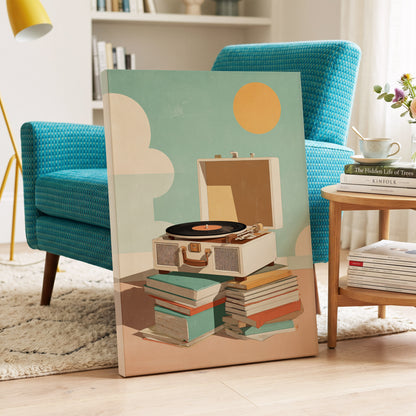 Sunlit Vinyl Stories, green, beige, brown minimalist wall art on canvas displayed in a styled interior, gallery view 2