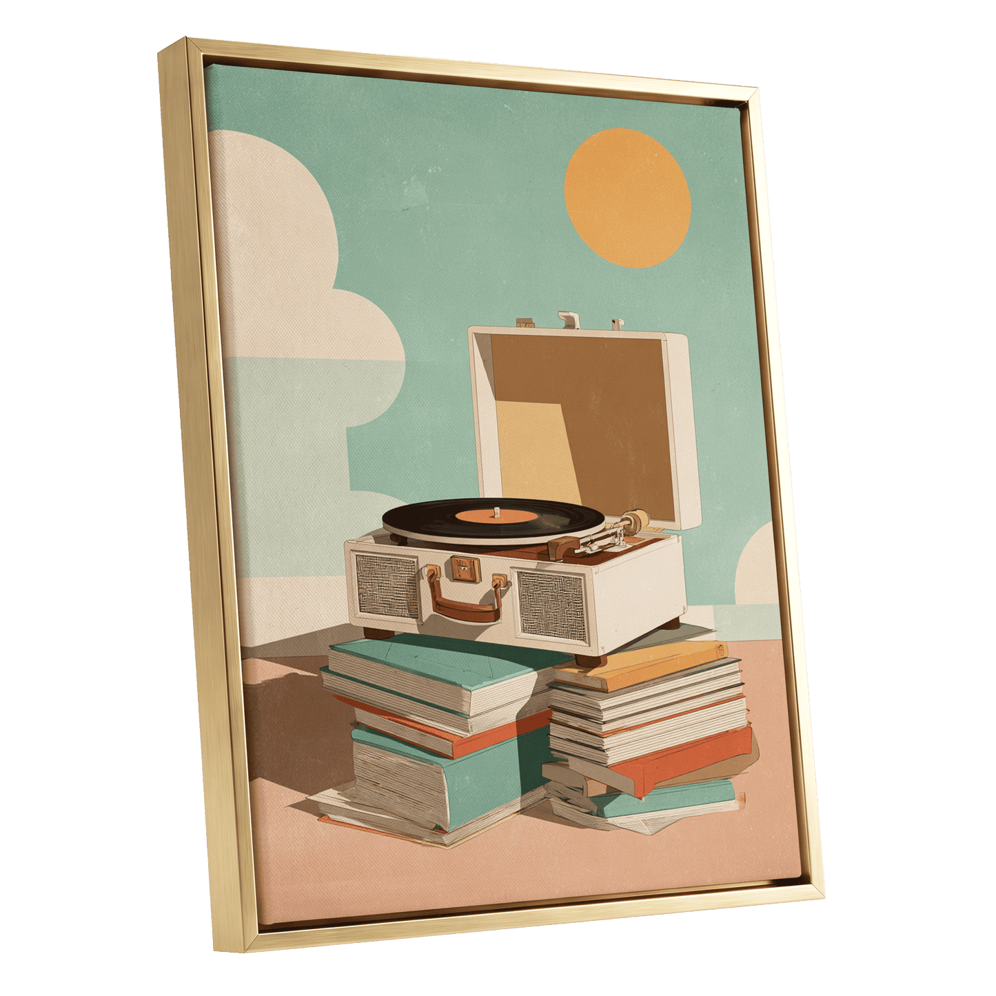 Sunlit Vinyl Stories, green, beige, brown minimalist wall art shown as a gold framed canvas wall art