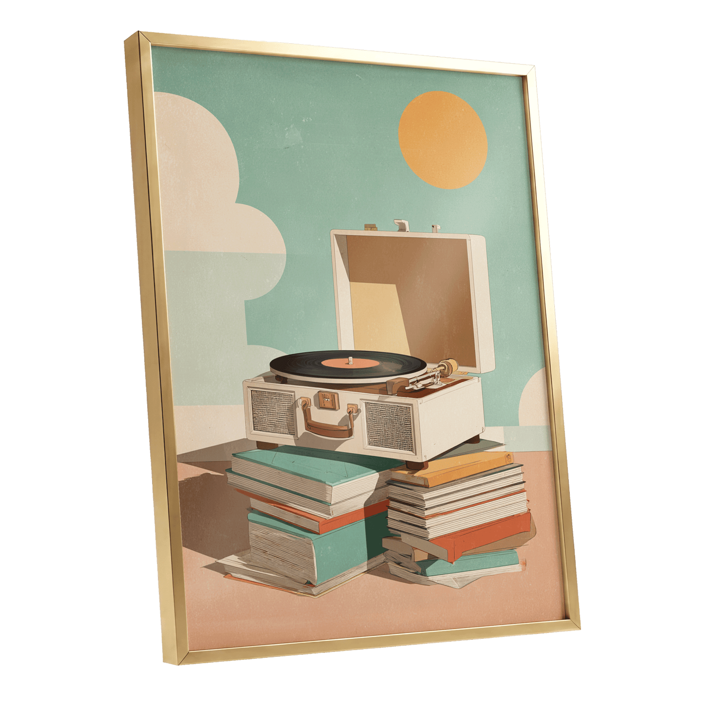Sunlit Vinyl Stories, green, beige, brown minimalist wall art shown as a gold framed poster wall art print