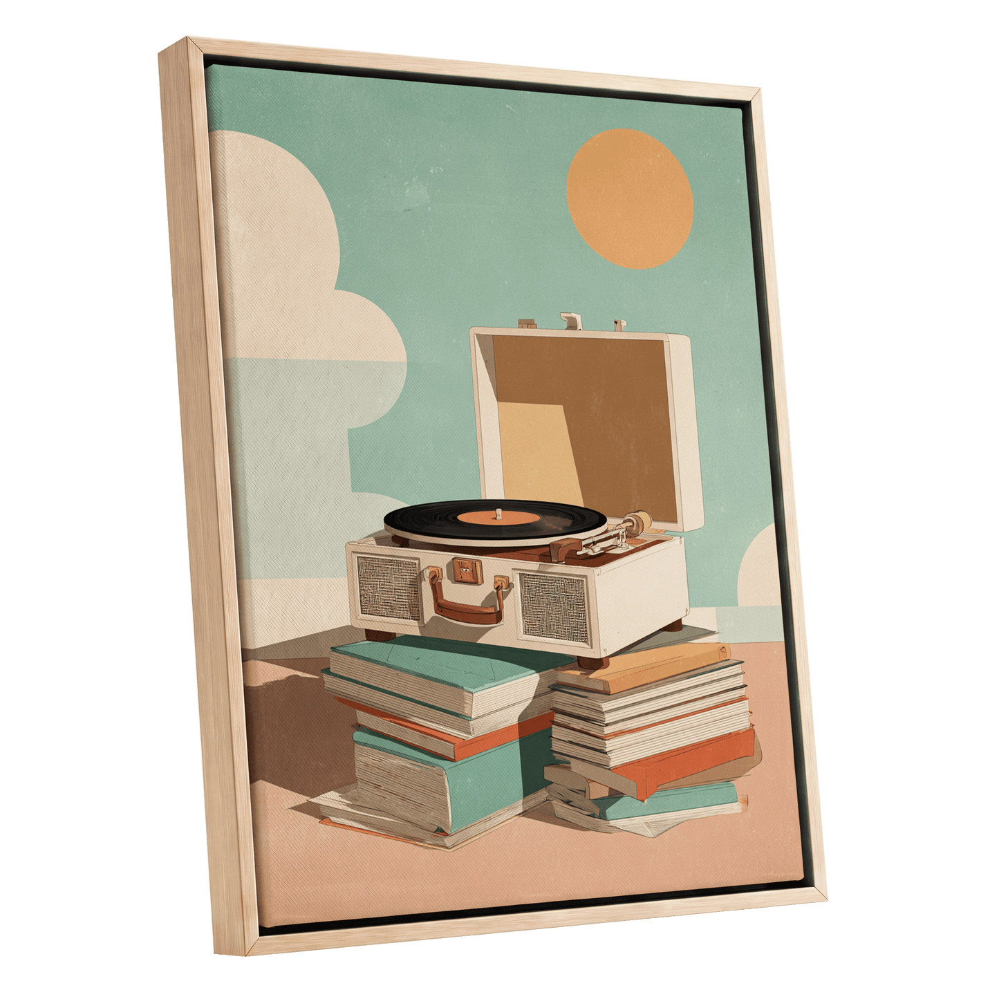 Sunlit Vinyl Stories, green, beige, brown minimalist wall art shown as a oak framed canvas wall art