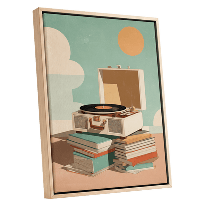 Sunlit Vinyl Stories, green, beige, brown minimalist wall art shown as a oak framed canvas wall art