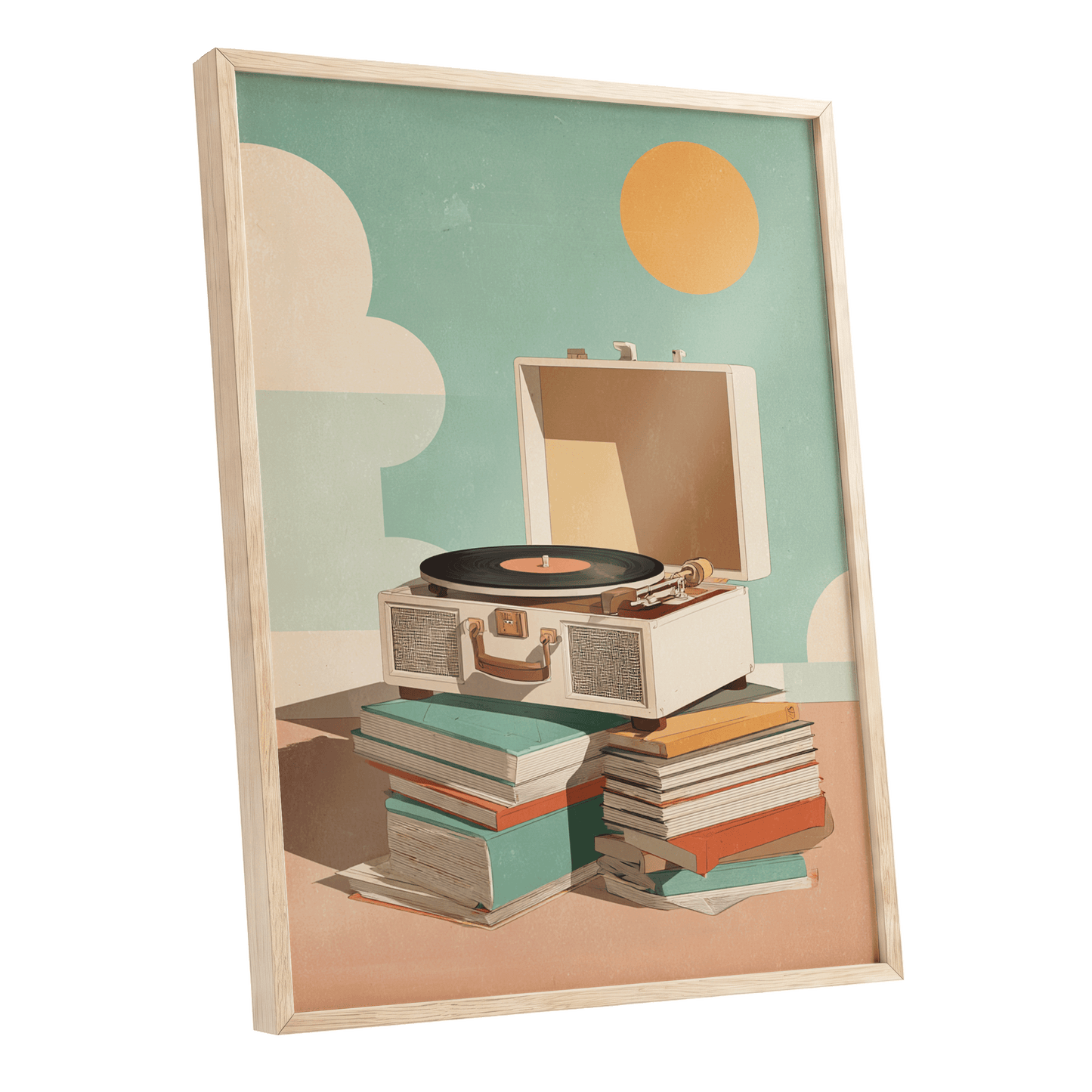 Sunlit Vinyl Stories, green, beige, brown minimalist wall art shown as a oak framed poster wall art print