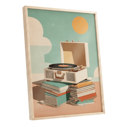Sunlit Vinyl Stories, green, beige, brown minimalist wall art shown as a oak framed poster wall art print