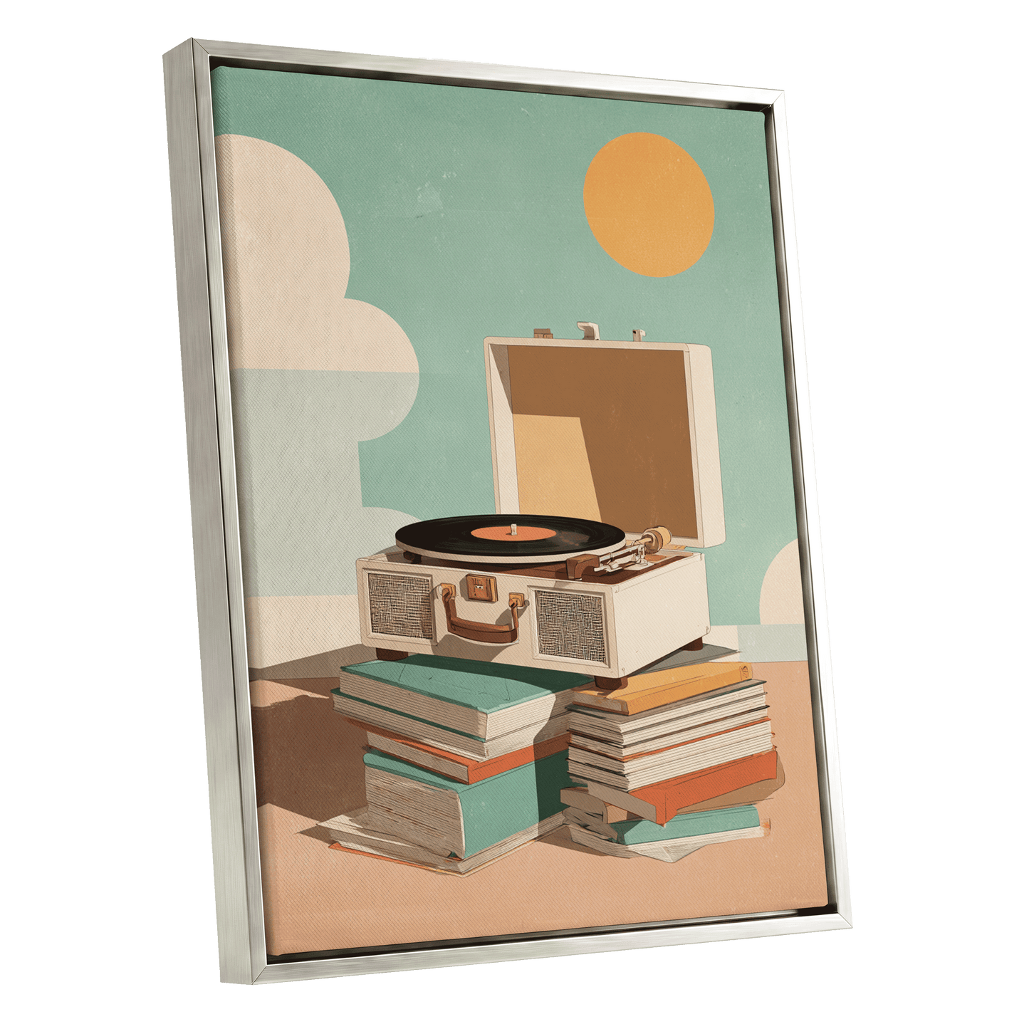 Sunlit Vinyl Stories, green, beige, brown minimalist wall art shown as a silver framed canvas wall art