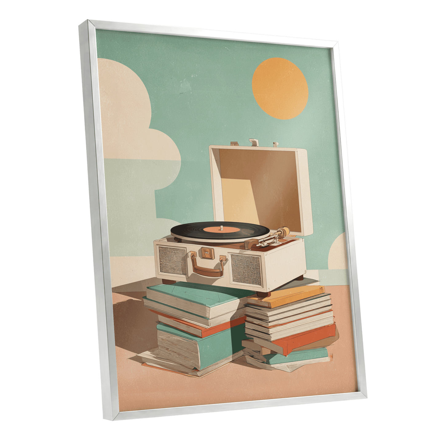 Sunlit Vinyl Stories, green, beige, brown minimalist wall art shown as a silver framed poster wall art print