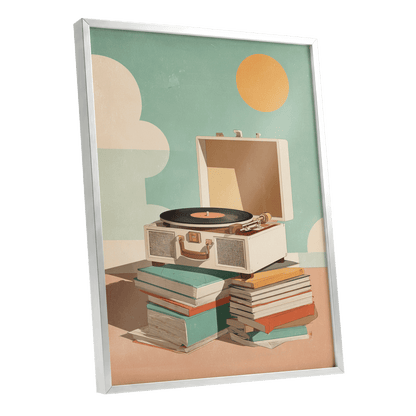 Sunlit Vinyl Stories, green, beige, brown minimalist wall art shown as a silver framed poster wall art print