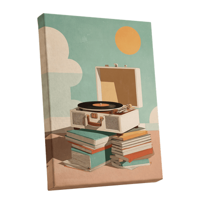 Sunlit Vinyl Stories, green, beige, brown minimalist wall art shown as a stretched canvas wall art