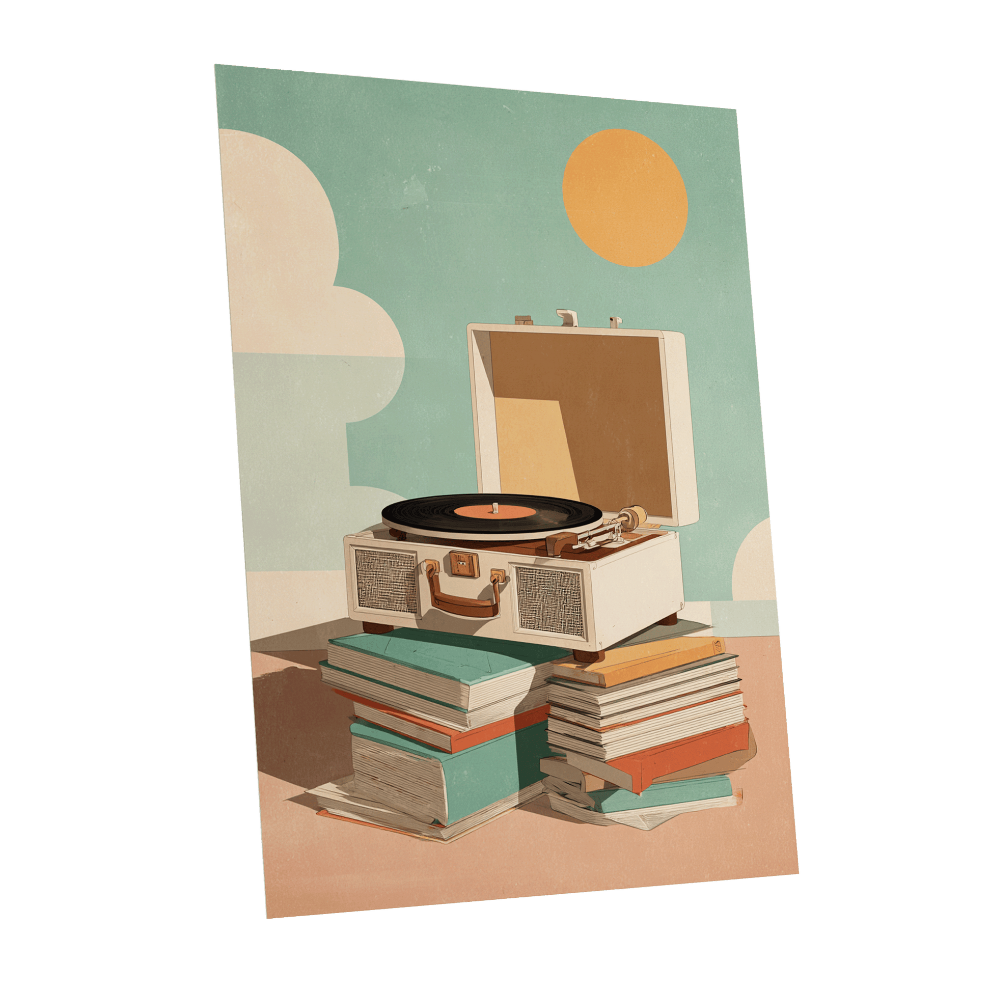 Sunlit Vinyl Stories, green, beige, brown minimalist wall art shown as a unframed poster wall art print