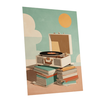 Sunlit Vinyl Stories, green, beige, brown minimalist wall art shown as a unframed poster wall art print