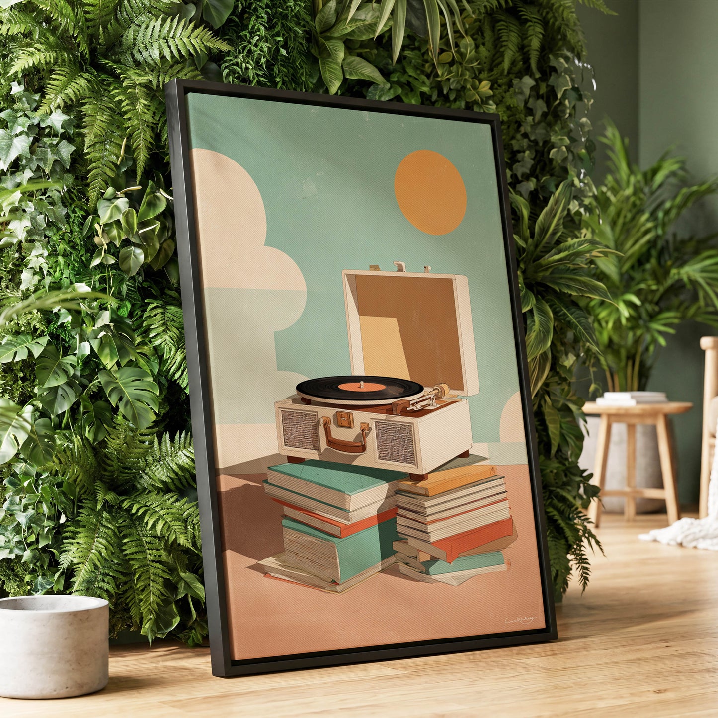 Sunlit Vinyl Stories, green, beige, brown minimalist wall art displayed in a styled interior, gallery view 1