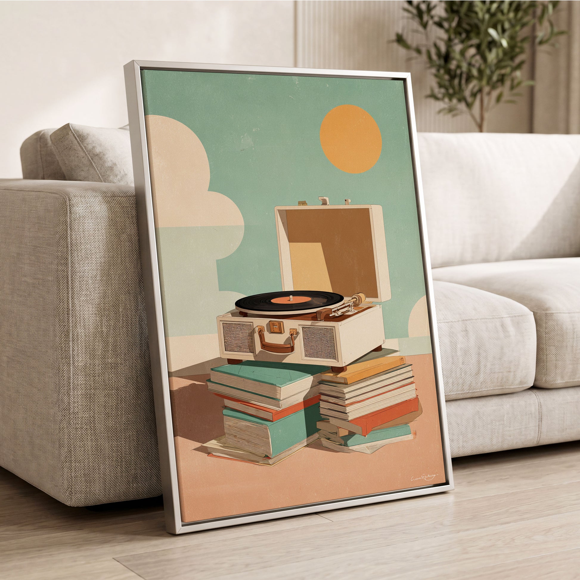 Sunlit Vinyl Stories, green, beige, brown minimalist wall art displayed in a styled interior, gallery view 2