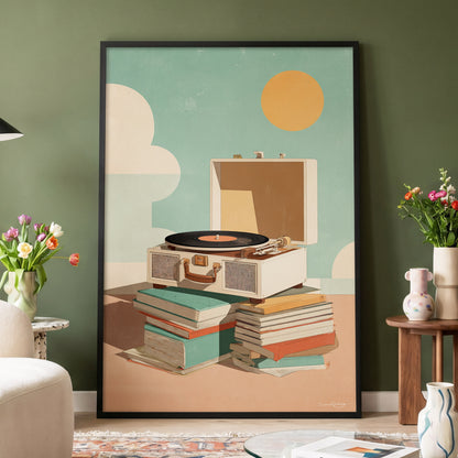 Sunlit Vinyl Stories, green, beige, brown minimalist wall art displayed in a styled interior, gallery view 4