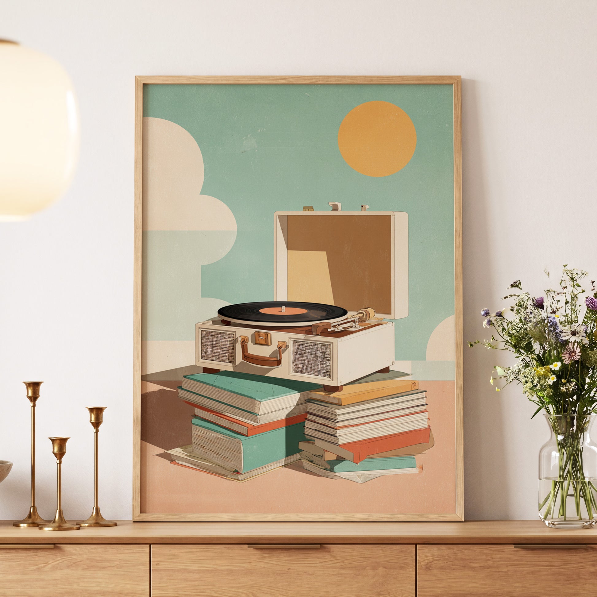 Sunlit Vinyl Stories, green, beige, brown minimalist wall art displayed in a styled interior, gallery view 5